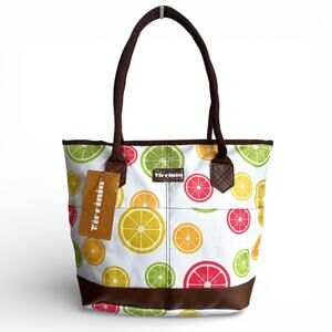 Large Insulated Lunch Tote Citrus Print Zipper Cooler Bag NWT